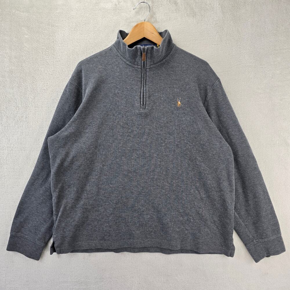 Polo Ralph Lauren Sweater Mens XL Gray Estate Rib 1/4 Zip Mock Neck Flesh Pony